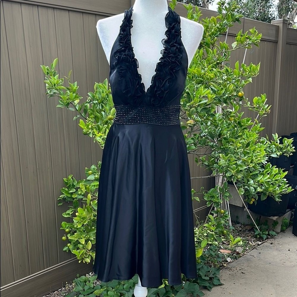 Adrianna Papell Silk Tie Neck Embellished Cocktail Dress Whimsigoth size 4 LBD